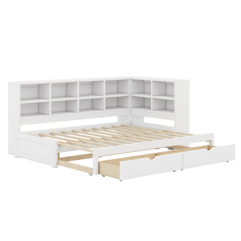 Modern Daybed Frame with 2 Drawers and Open Shelves, LED Lighting & USB, White