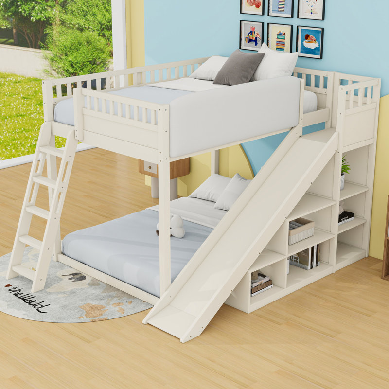 Lit mezzanine avec tablettes de rangement et glissoire, Grand lit, Beige