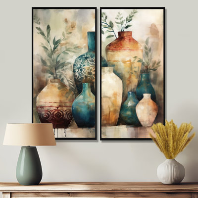 Art mural sur toile traditionnel vert et orange Boho Pottery I