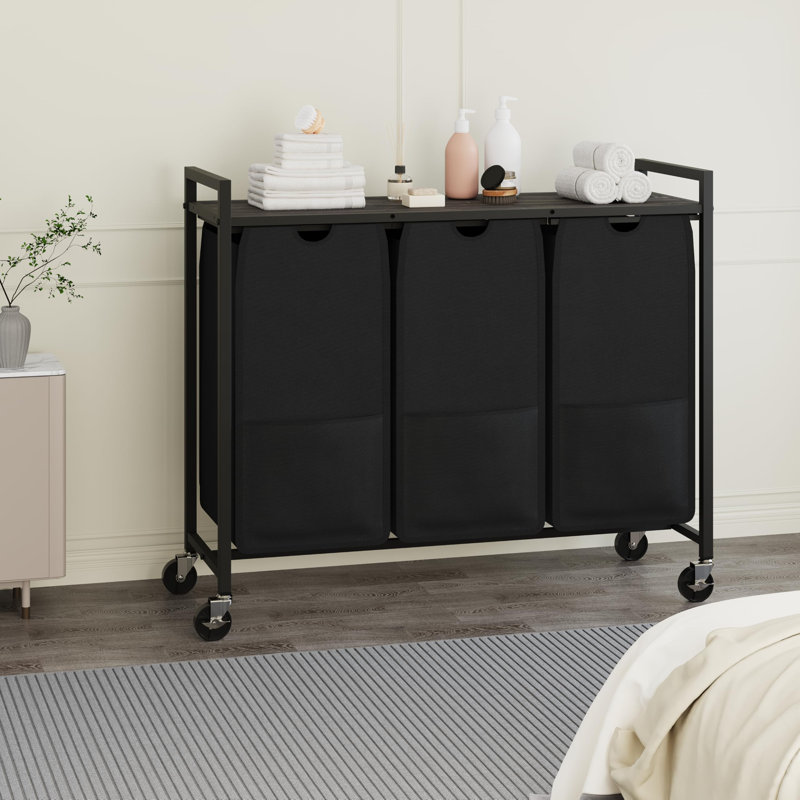 Trieur de linge avec roulettes et sacs amovibles, chariot de rangement roulant à 3 bacs avec tablette pour dortoir de salle de bain, panier à linge de 33 po