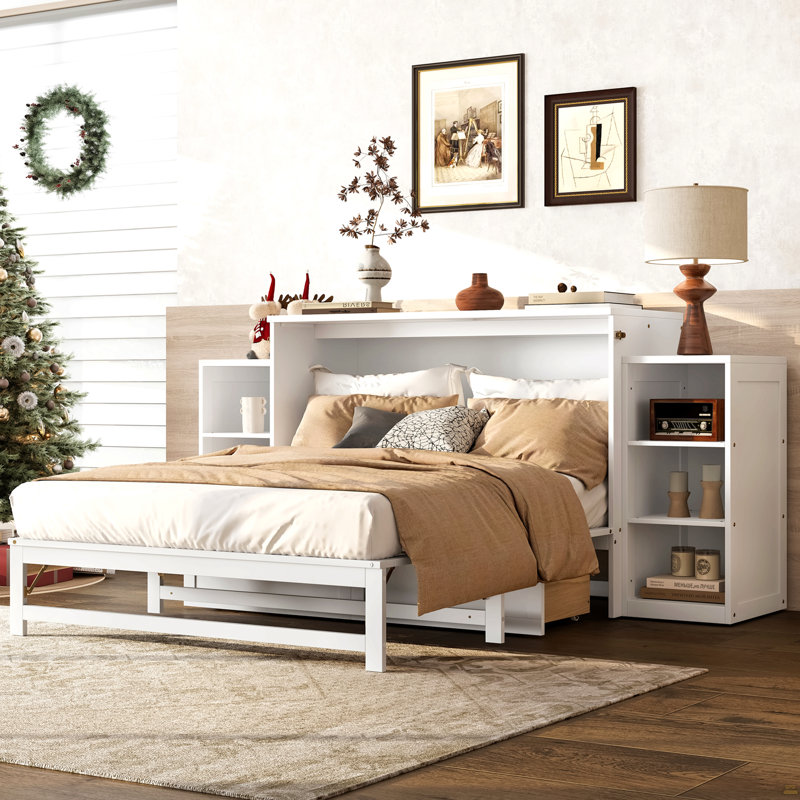 Lit escamotable double avec tiroirs et tablettes de rangement spacieux, Double, Blanc