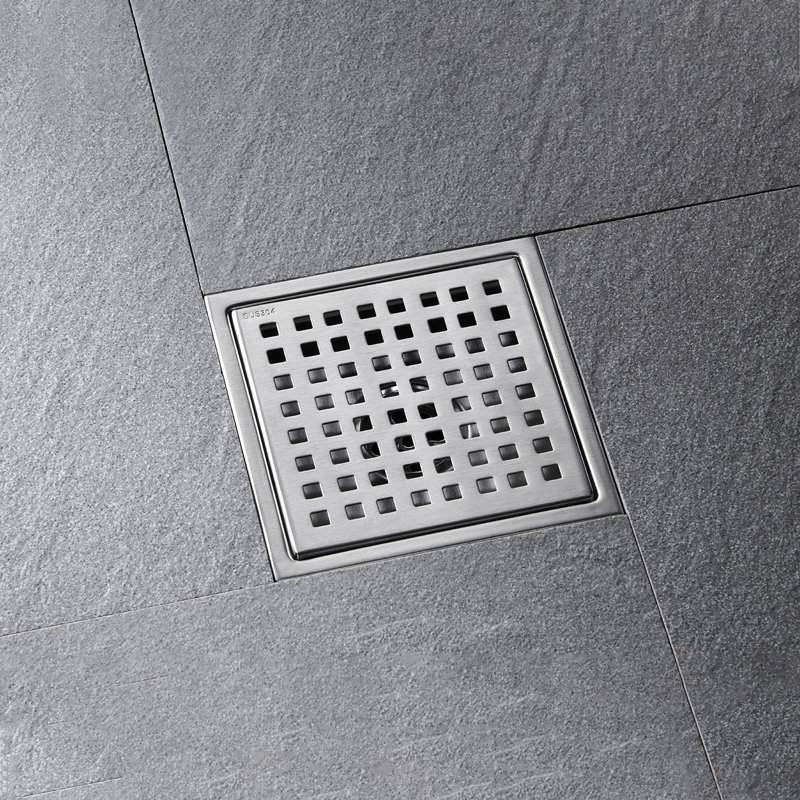 Drain de plancher de douche carré 6 po, acier inoxydable, nickel brossé, 1 pièce