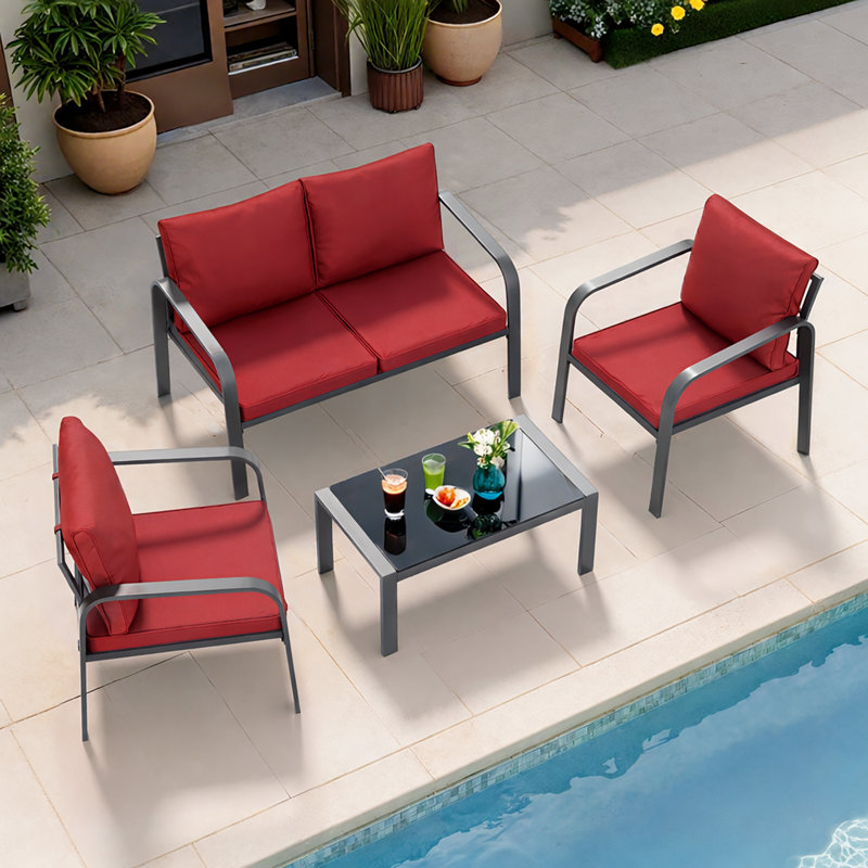 Outdoor Patio Furniture Set, 4 Piece Conversation Set with Chair, Coffee Table, Loveseat and Cushion, Red