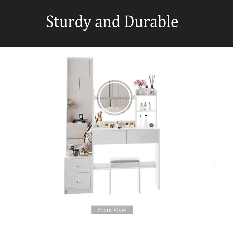 Round Mirror LED Vanity Table + Cushioned Stool, White