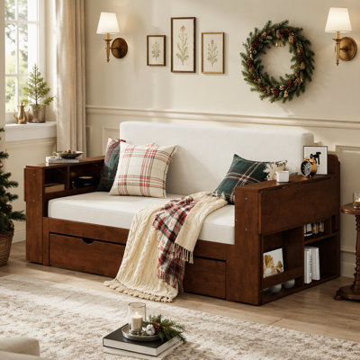 Full Size Daybed with Removable Desk, Storage Drawers & Hydraulic Side Table, Espresso, Perfect for Small Spaces