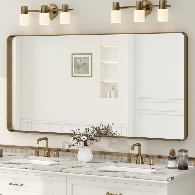 Miroir de salle de bain mural en verre trempé et métal Molly, 60 po x 30 po, Bronze, Rectangle(Rounded Corner)