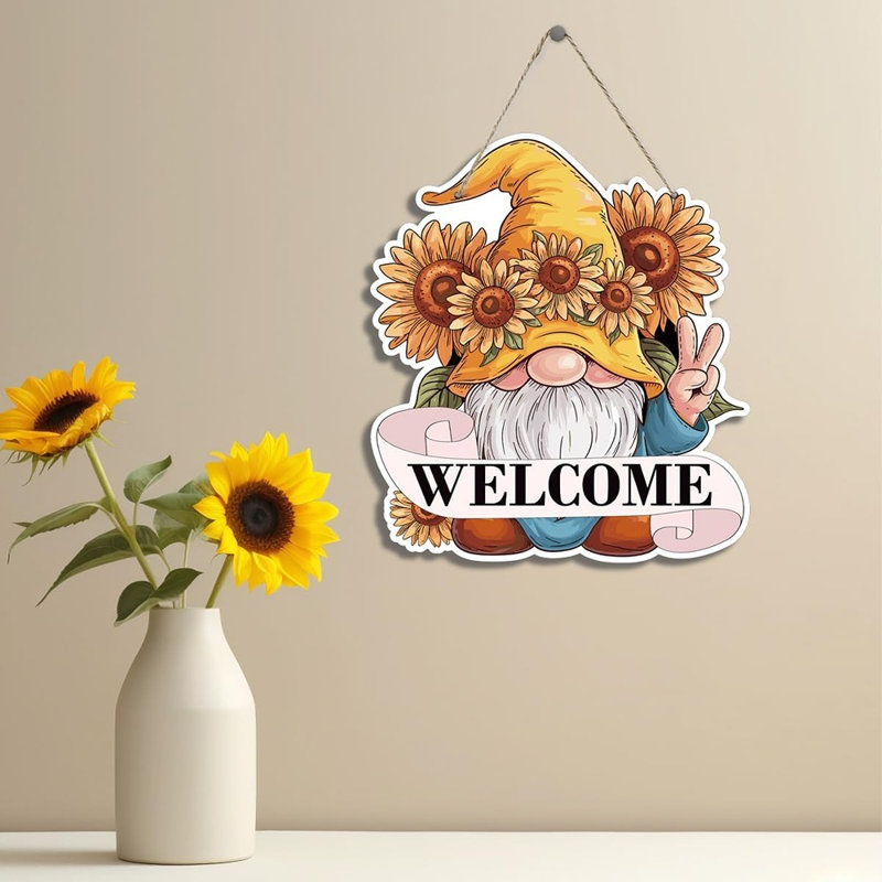 Panneau de bienvenue en tournesol avec gnome en bois