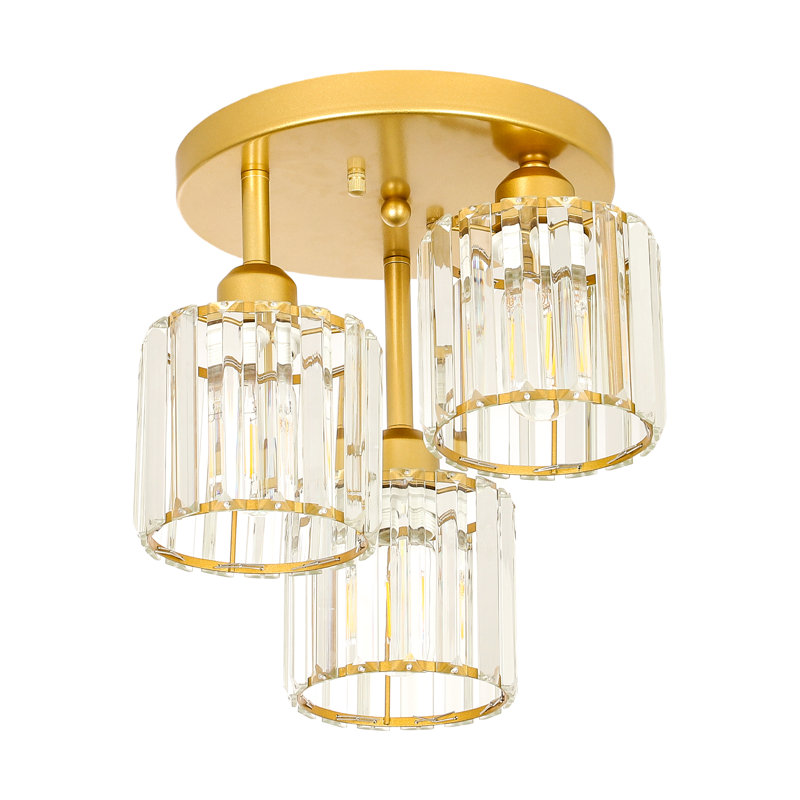 3-Light 11.8" Modern Flush Mount Ceiling Light Fixture With Clear Crystal Glass Shades, Gold