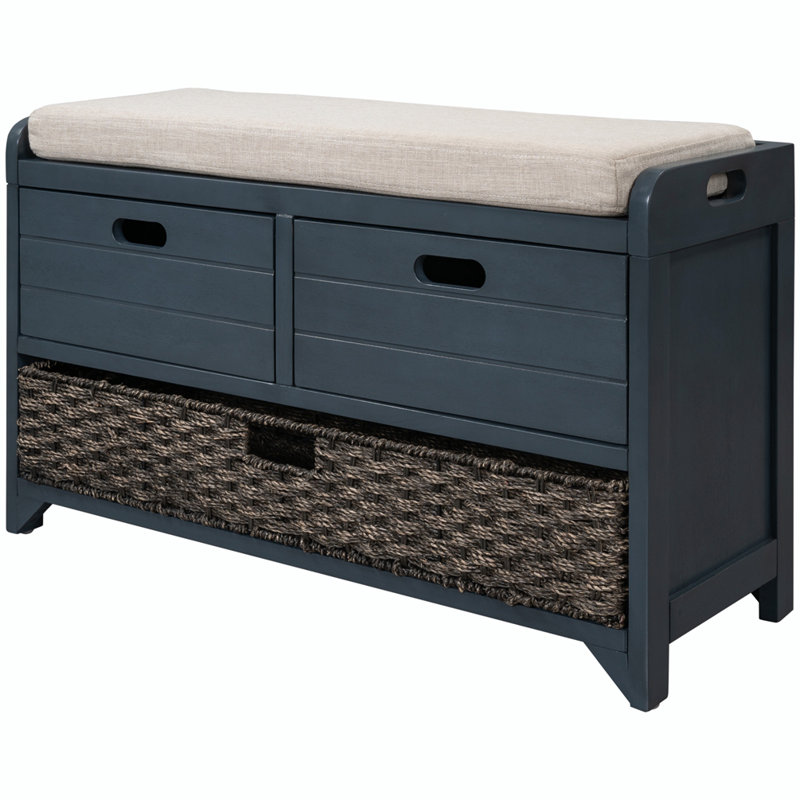 Versatile Use Wood Shoe Storage Bench with Removable Basket and 2 Drawers, Navy