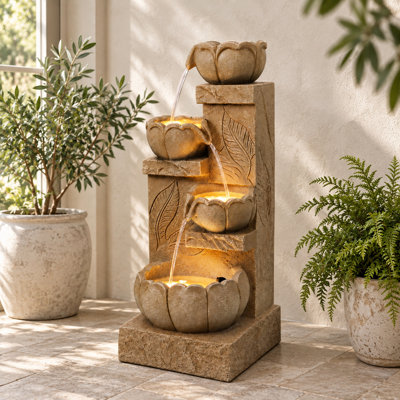 4-Tier Lotus Outdoor Cascade Water Fountain with Warm LED Lights