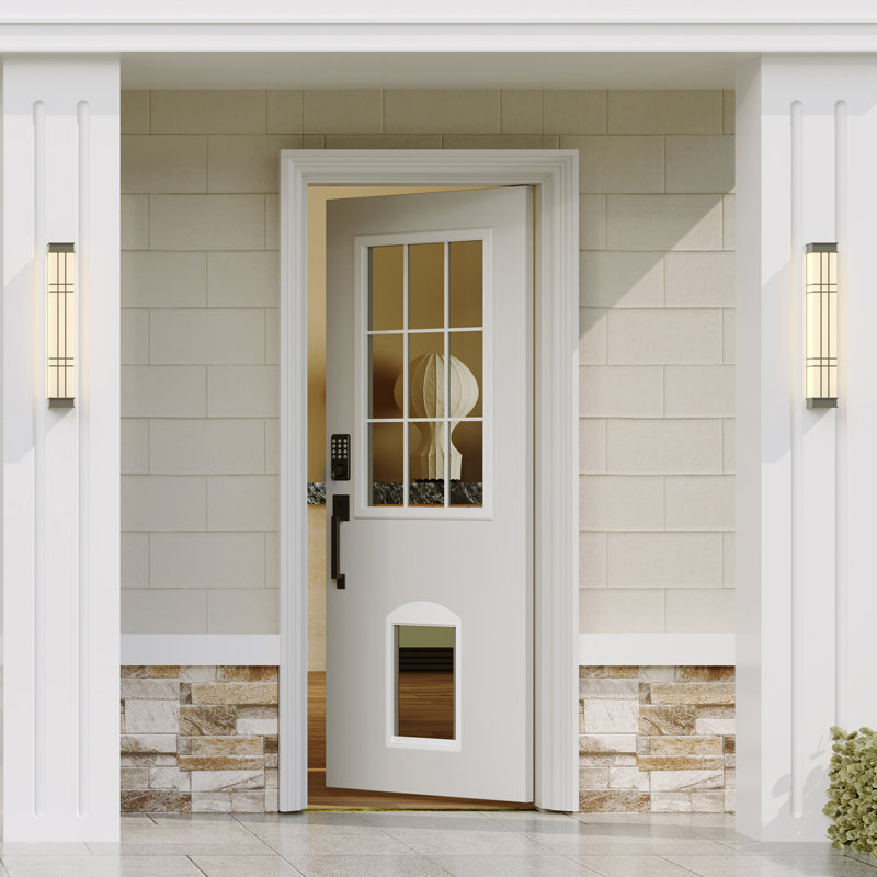 Dalle de porte extérieure en bois massif blanc avec verre transparent 9-Lite et porte pour chien intégrée, avec serrure à clavier à poignée longue noire avec remplacement de clé