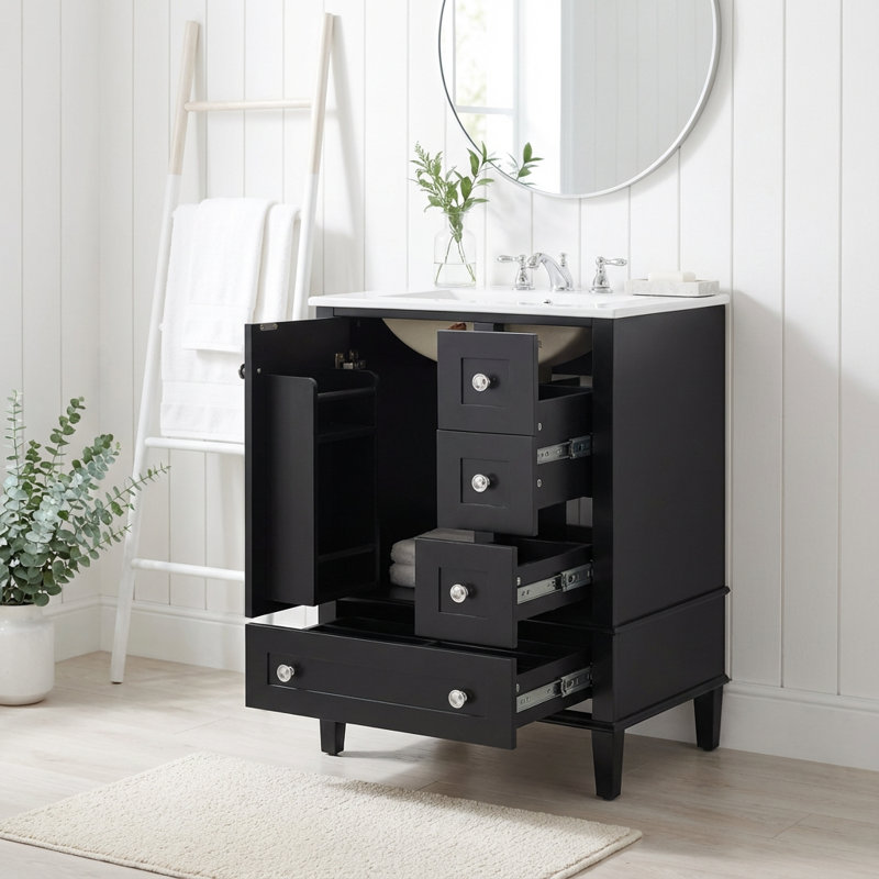 Meuble-lavabo compact avec lavabo en céramique, tiroirs à fermeture en douceur et tablettes de rangement fixées à la porte