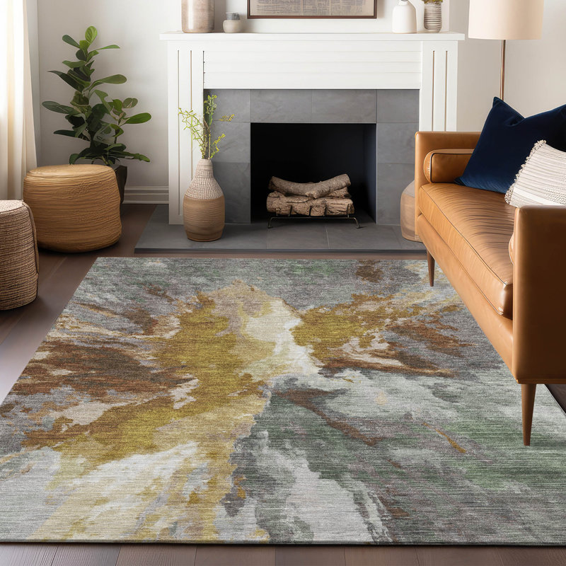 Machine Washable Indoor/Outdoor Claudian ACN1632 Gold Rug, Rectangle 5' x 7'6"