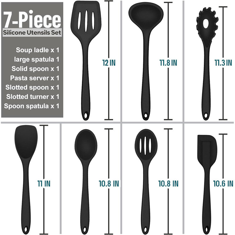 Black Silicone Heat Resistant Cooking Utensils Set, 7-Piece