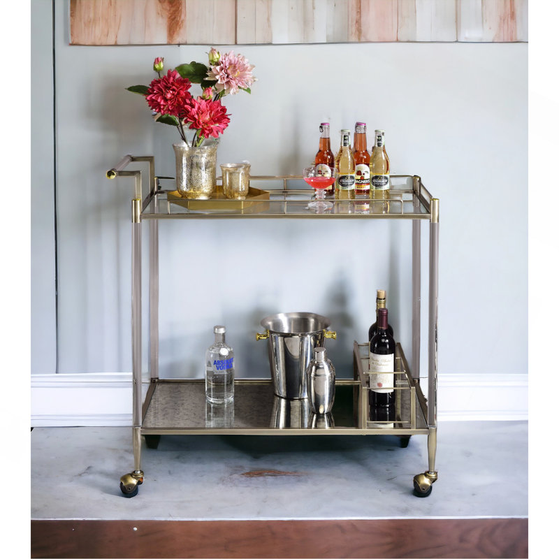 Charming Antique Mirror & Brass Serving Cart With Versatile Features