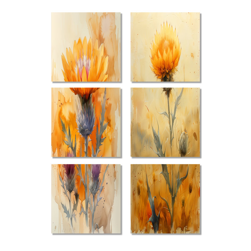 «Morning Summer Yellow Thistle», ensemble de 6 impressions sur toile Thistle, Toile tendue, Ne s’applique pas