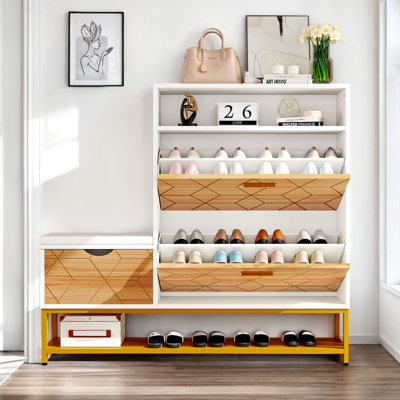 22 Pair Shoe Storage Cabinet with Cushion Bench and Storage Cabinet