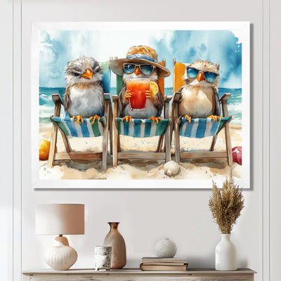 Canari sur la plage, chaise longue - Reproduction d'art mural animal côtier