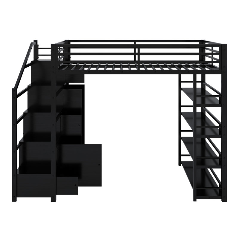 Lit mezzanine en métal avec tablettes de rangement, armoires et garde-robe