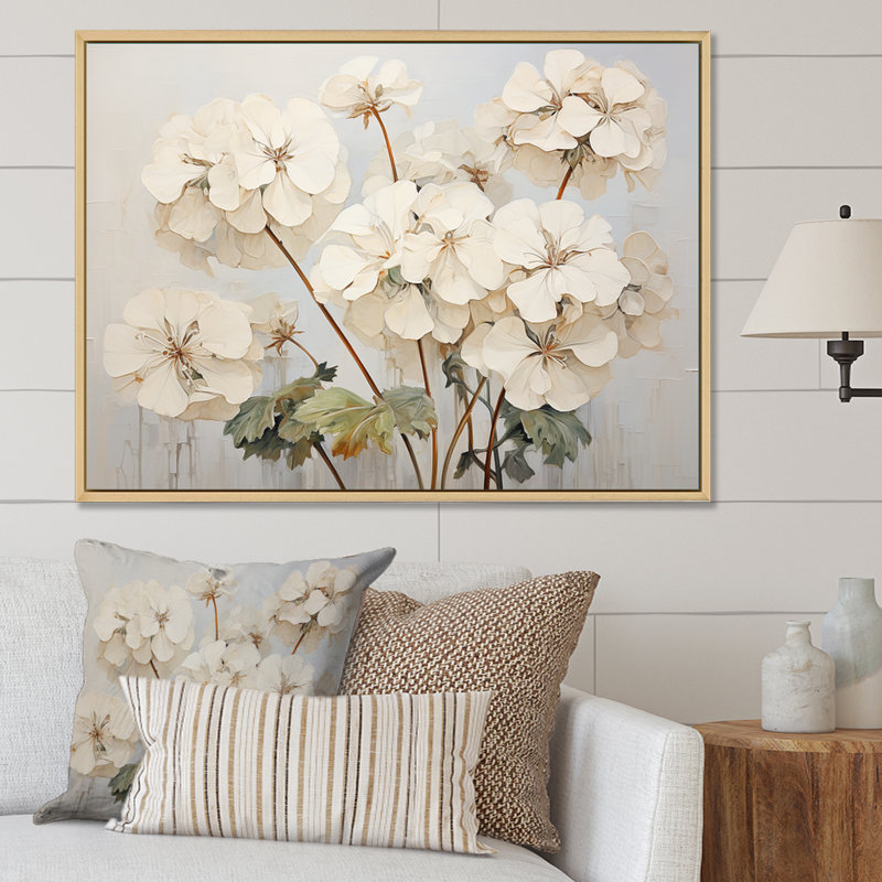 Minéralisme beige géraniums IV - imprimé, Cadre naturel flottant, H 16 po x l 32 po x P 1 po