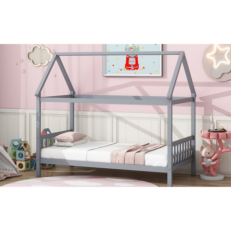 Lit simple gris avec structure de maison - ajout de chambre à coucher en bois d'hévéa de couleurs classiques polyvalentes