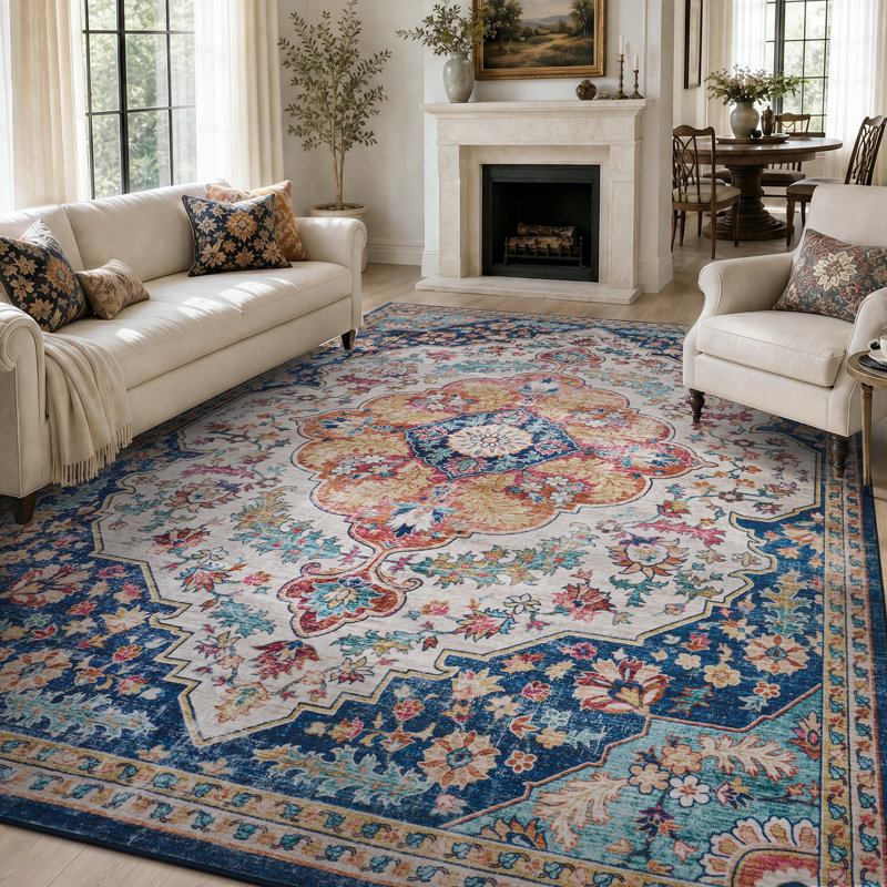 Soft Washable Distressed Vintage Floral Oriental Area Rug in Jewel Tone , Rectangle 8' x 10', Red/Navy/Orange