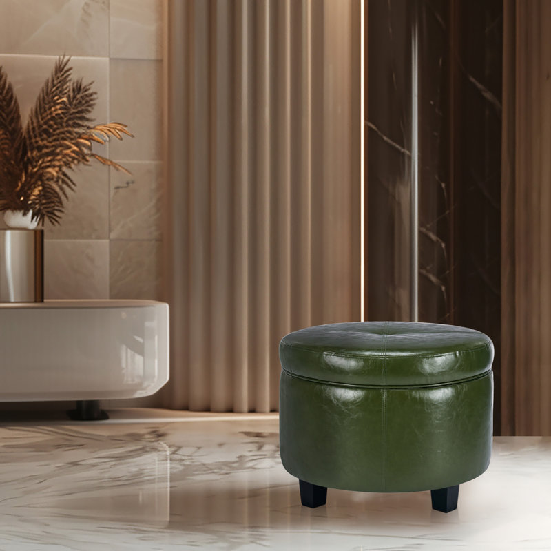 Lecuyer Faux Leather Storage Ottoman with Rubberwood Legs, Olive Green