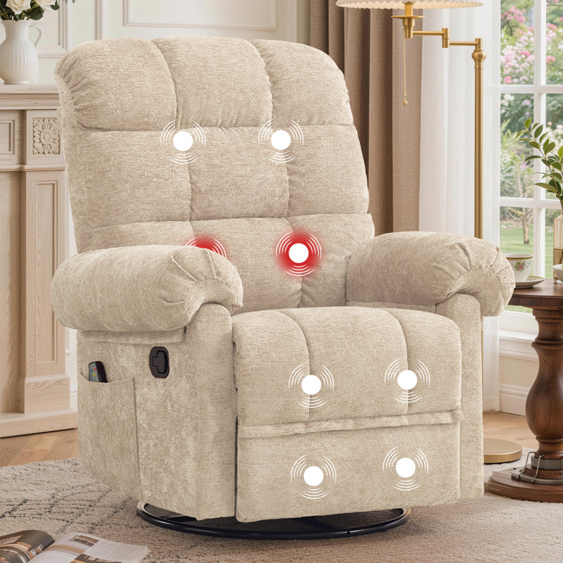 Recliner Chair, 360° Swivel Recliner with Heat & Massage, Chenille Upholstered Manual Recliners with Side Pockets, Khaki