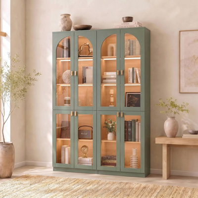 Cathcart 71"H X 47.2"W Sage Green Bookcase With Glass Doors And Shelves, Storage Cabinet With Light