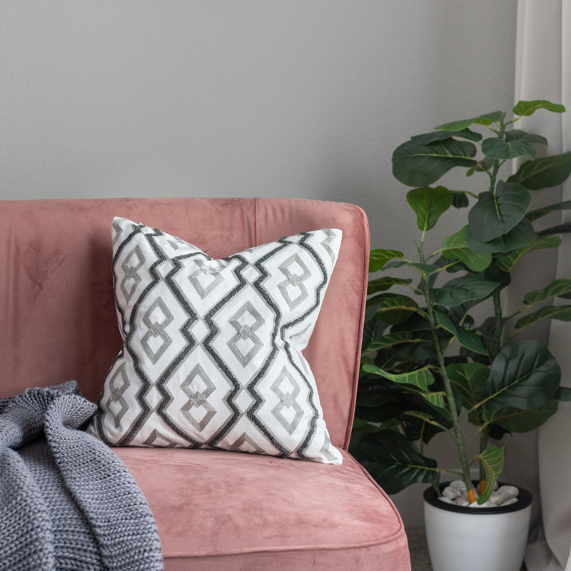Embroidered Pillow Cover, Geometric, Gray/White