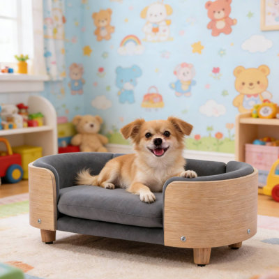 Elevated Small Pet Sofa Scandinavian Style, Velvet Cushion Dog Bed With Solid Wood Legs Bent Wood Back