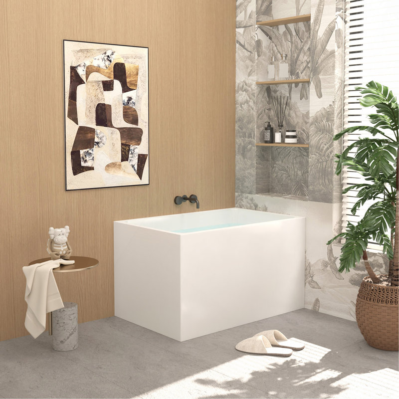 Baignoire autoportante en acrylique de 43 po, forme rectangulaire spacieuse, trop-plein chromé et bonde escamotable certifiée CUPC, finition blanc brillant