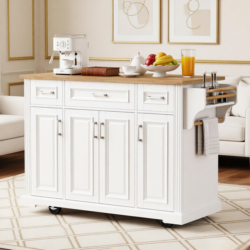 Grand îlot de cuisine de 54 po avec abattant en bois d'hévéa, chariot de cuisine à roulettes en relief sur 4 roues avec 4 portes et 3 tiroirs, îlot de cuisine avec rangement pour la cuisine, salle à manger, blanc