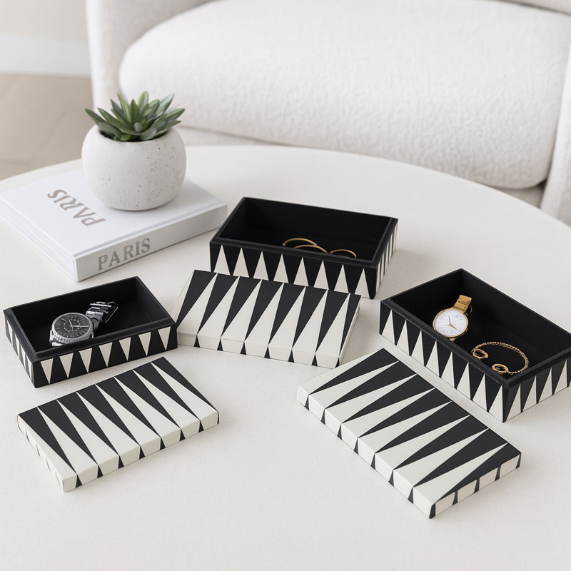 Quirion Resin, Wood & Non-Woven Fabric Decorative Storage Boxes - Modern Multipurpose Organizer for Stylish Spaces, Set of 3