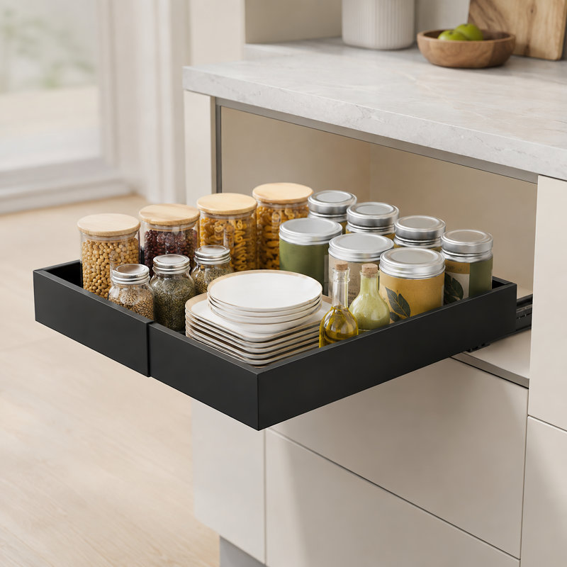Expandable pull out cabinet organizer for kitchen storage