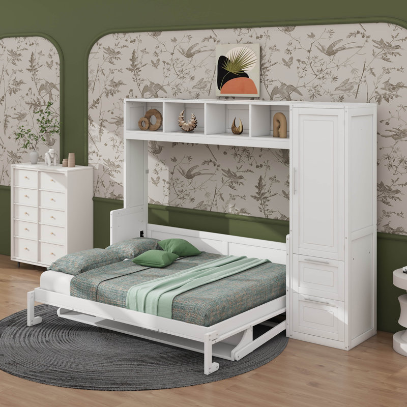 Grand lit escamotable avec placard et tiroirs, Blanc