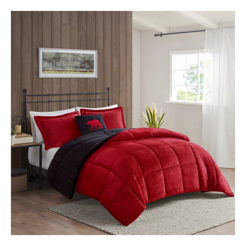 Ensemble d'édredon pour grand lit douillet douillet en sherpa - literie chaude réversible avec rembourrage hypoallergénique, rouge noir