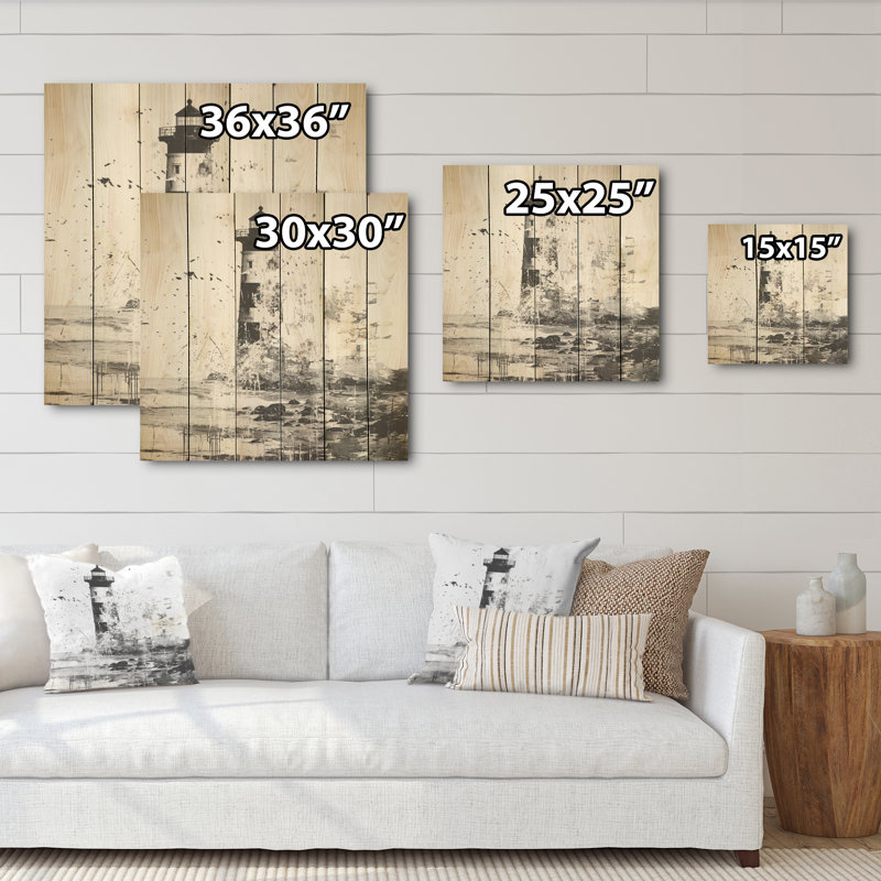 Mysterious Black And White Lighthouse - Coastal Wood Wall Art On Natural Pine Wood, 30" H x 30" W