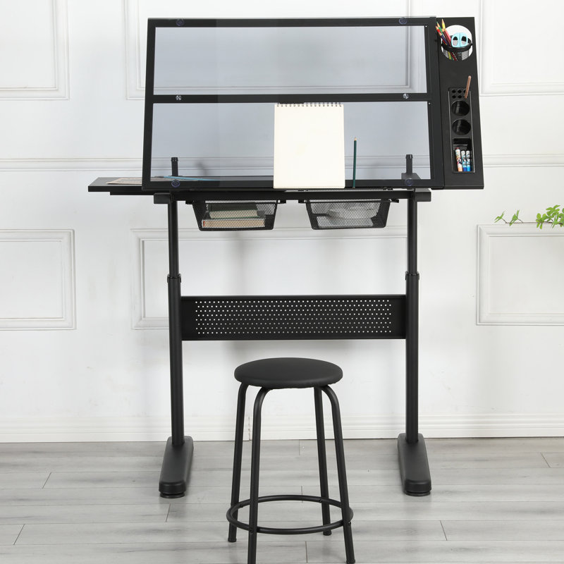 Bureau à dessin réglable à manivelle noir avec 2 tiroirs en métal et tabouret, hauteur réglable de 75 à 120 cm, plateau inclinable à 0°, plateau extensible pour plus de rangement, pieds adaptés aux sols et surfaces irréguliers.