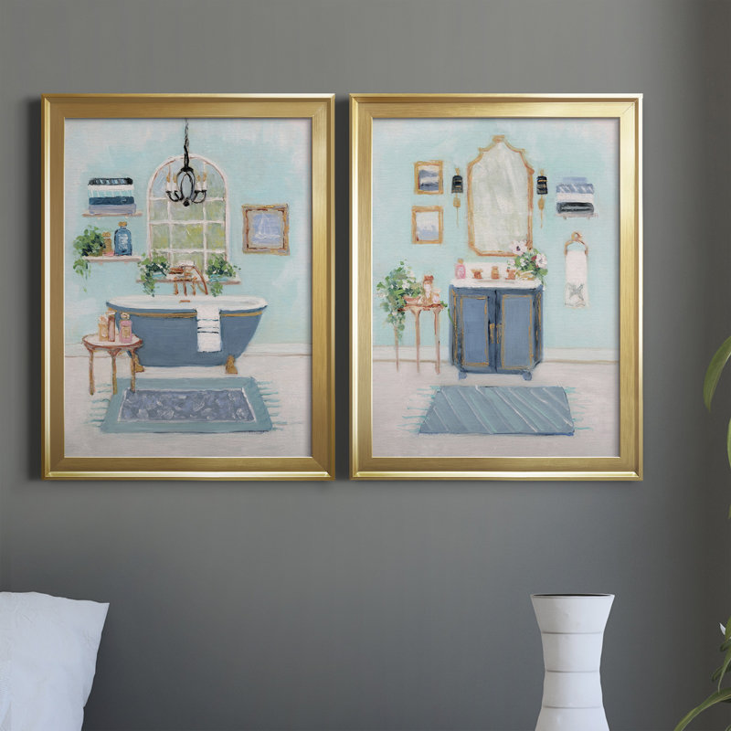 «Blue Bath I», ensemble de 2 peintures sur toile encadrées, H 22,5 po x l 61 po x P 1,5 po, Or