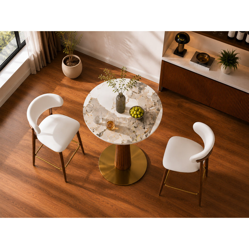 Table de bar ronde de 85 cm de hauteur (33,5 po) avec plateau en pierre frittée, disponible en plusieurs couleurs, pied central en bois d'hévéa massif et base en métal doré, style bistro moderne
