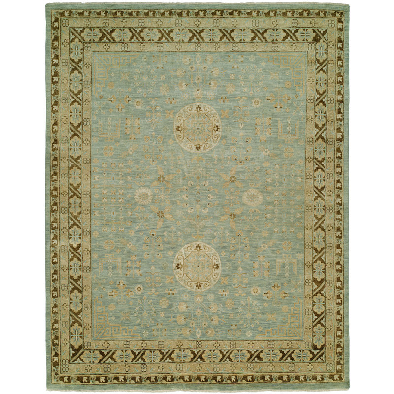 Tapis bleu en laine noué à la main Shad, Rectangle 10 pi x 14 pi