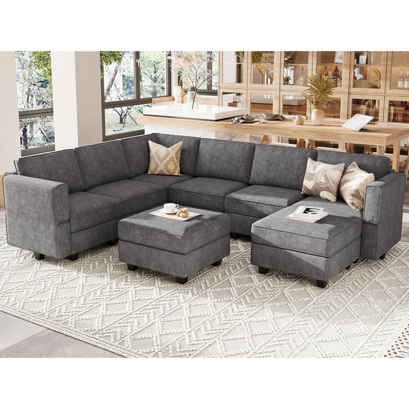 Canapé modulaire réversible en coin avec repose-pieds de 116,6 po Kimbrel, 100 % polyester noir