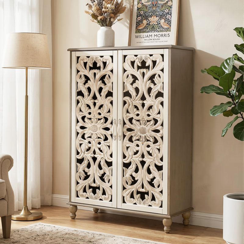 47.6" H Tall Cabinet Sideboard with Distressed Ornate Carved Doors for Dining Room & Entryway