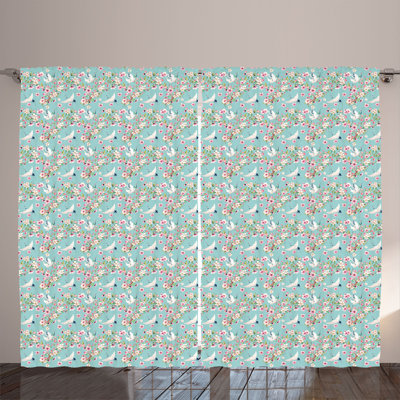 Rustic curtain, watercolor flying crane, multi-colored