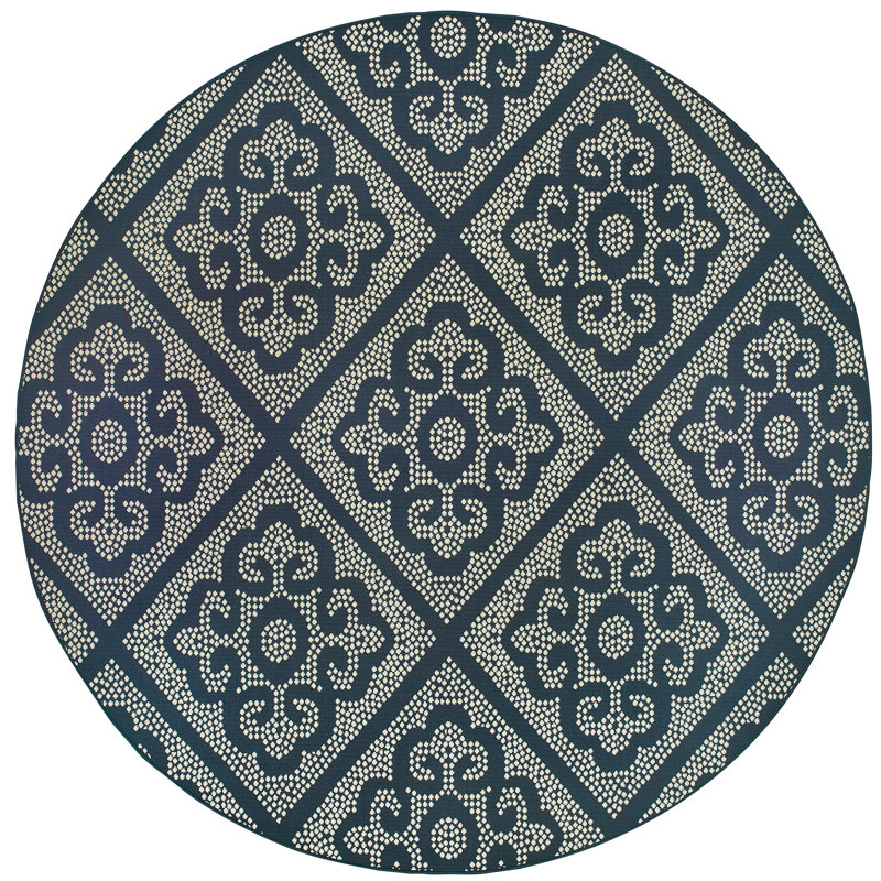 Tapis intérieur / extérieur bleu marine / ivoire Anastasaos, Rond 7 pi 10 po