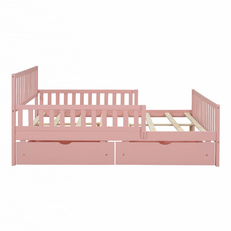 Lit plateforme en bois avec garde-corps des deux côtés et deux tiroirs de rangement, Double, Rose