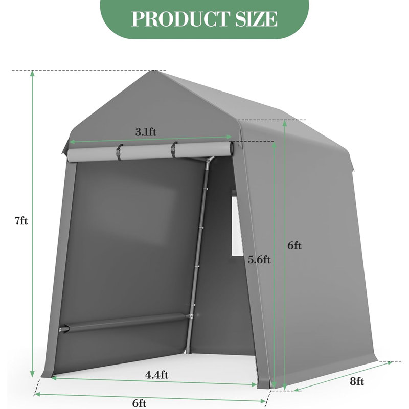 Remise de rangement portative pour l'extérieur, structure en acier robuste avec portes à enroulement et ventilation, 6 x 8 pi, garage et jardin pour motos, VTT et outils, gris