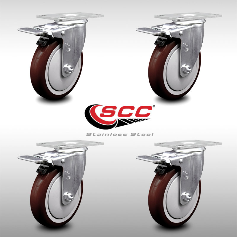 5 Inch SS Polyurethane Top Plate Caster Set Total Lock Brake SCC, Maroon