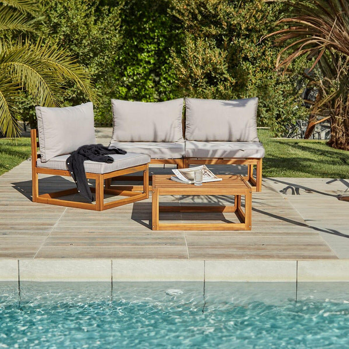 Rimasha Wooden Garden Armchair with 2-Seater Sofa & Coffee Table Set, No, Natural